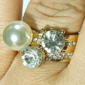 Wide Band Faux Pearl and CZ Gold Plated Ring